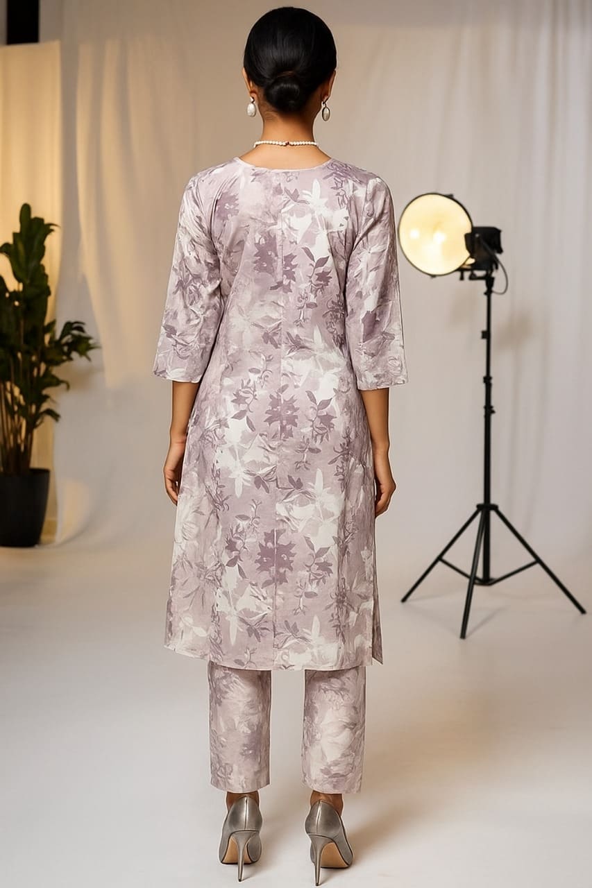 D.Gokuldas NX - White And Lavinder Leaves Kurti